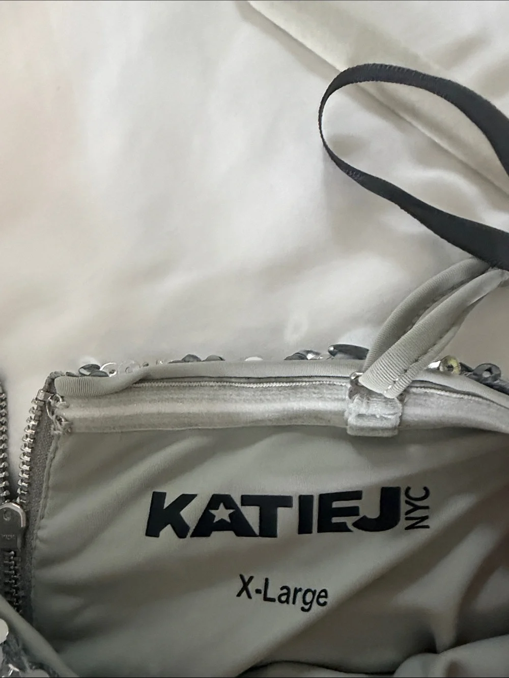Katie J NYC Silver Sequin Spaghetti-Strap A-Line Dress